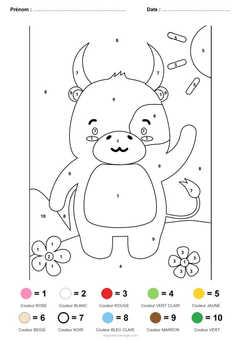 coloriage magique animaux taureau, dessin gratuit &agrave; imprimer