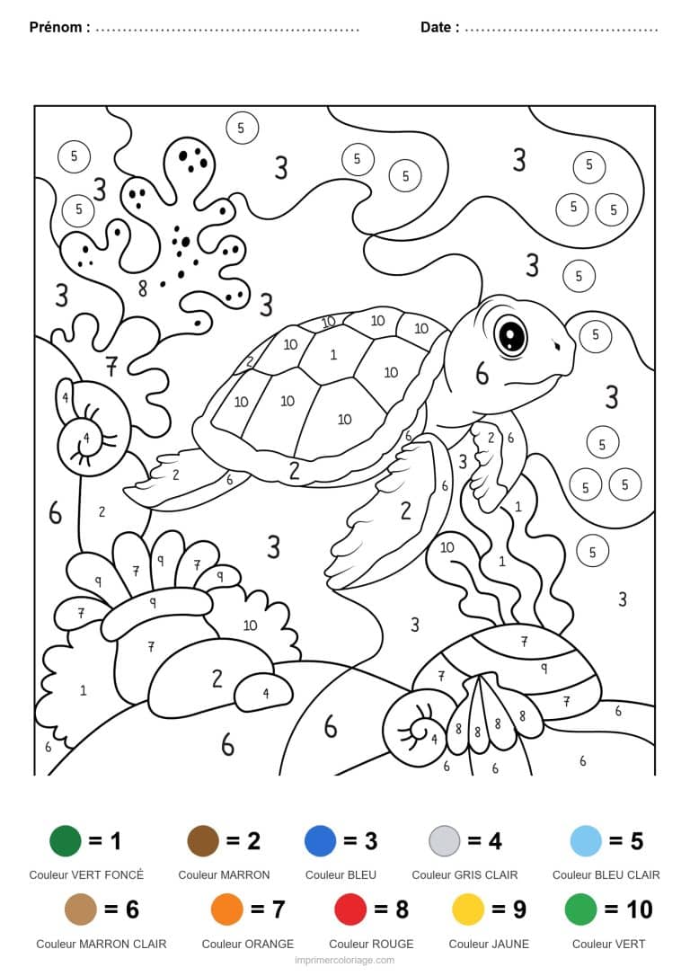 coloriage magique animaux tortue et corail, dessin gratuit &agrave; imprimer