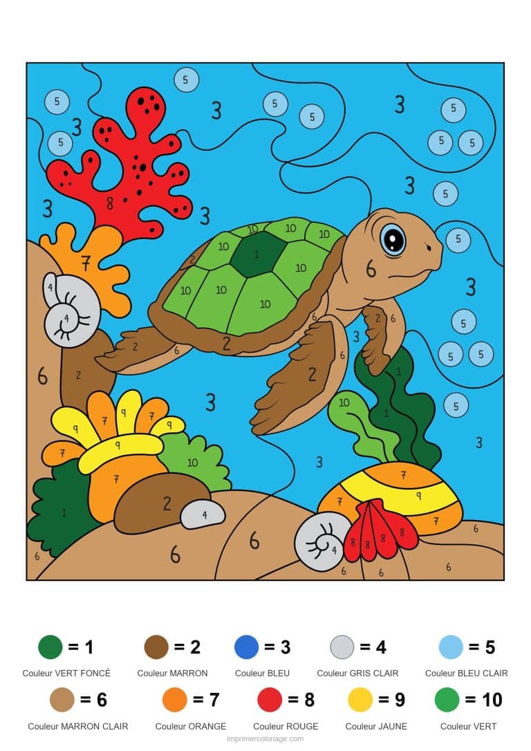 coloriage magique animaux tortue et corail modele, dessin gratuit &agrave; imprimer