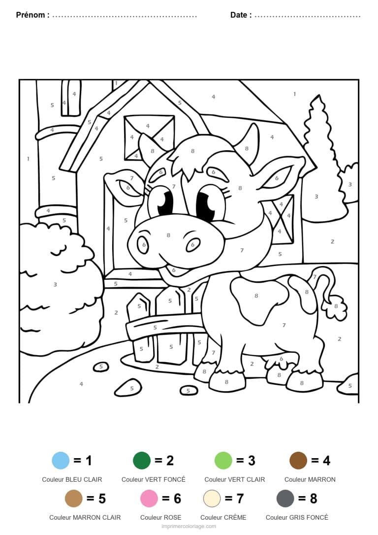 coloriage magique animaux vache, dessin gratuit &agrave; imprimer