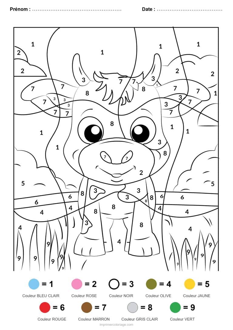 coloriage magique animaux vache highland, dessin gratuit &agrave; imprimer