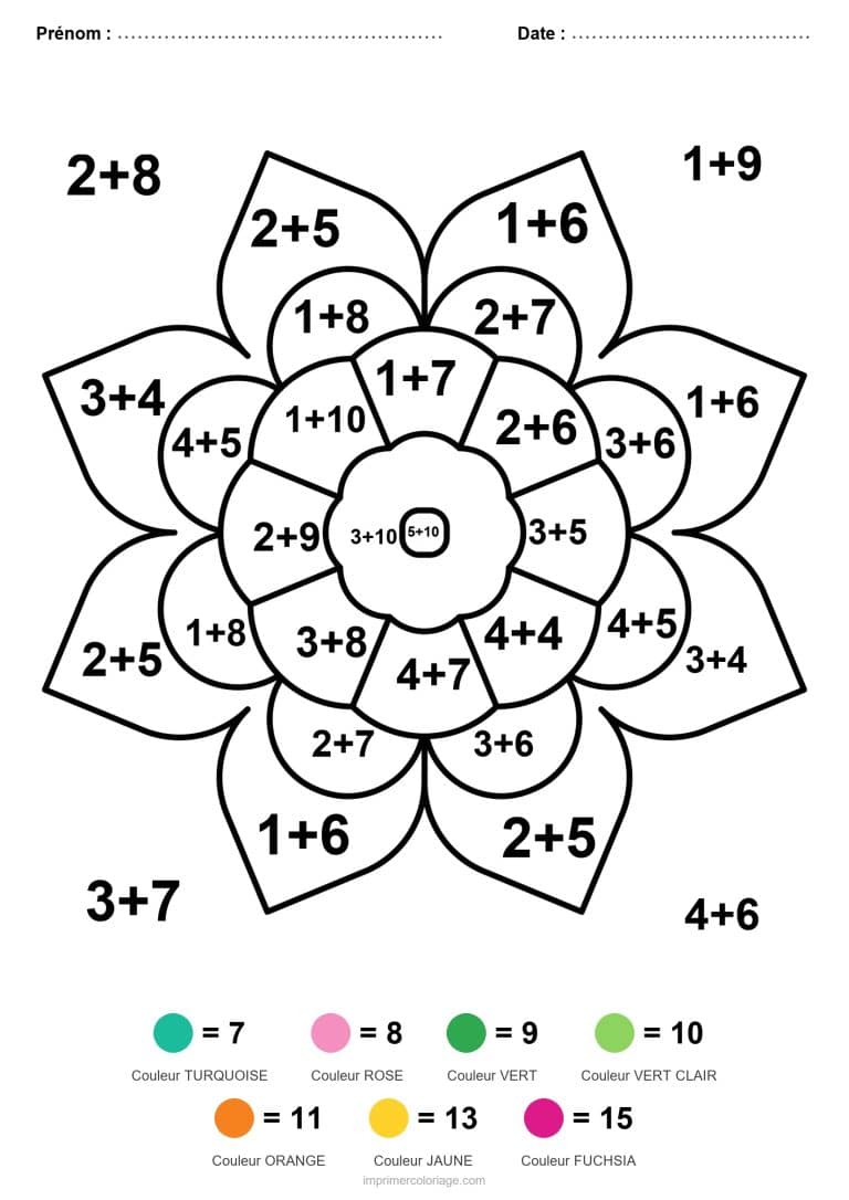 coloriage magique ce2 fleur a huit petales addition - dessin gratuit &agrave; imprimer