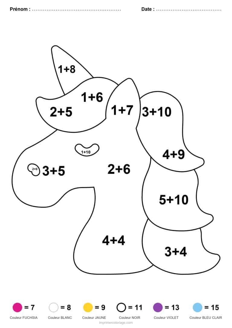 coloriage magique ce2 licorne a la criniere ondulee addition - dessin gratuit &agrave; imprimer