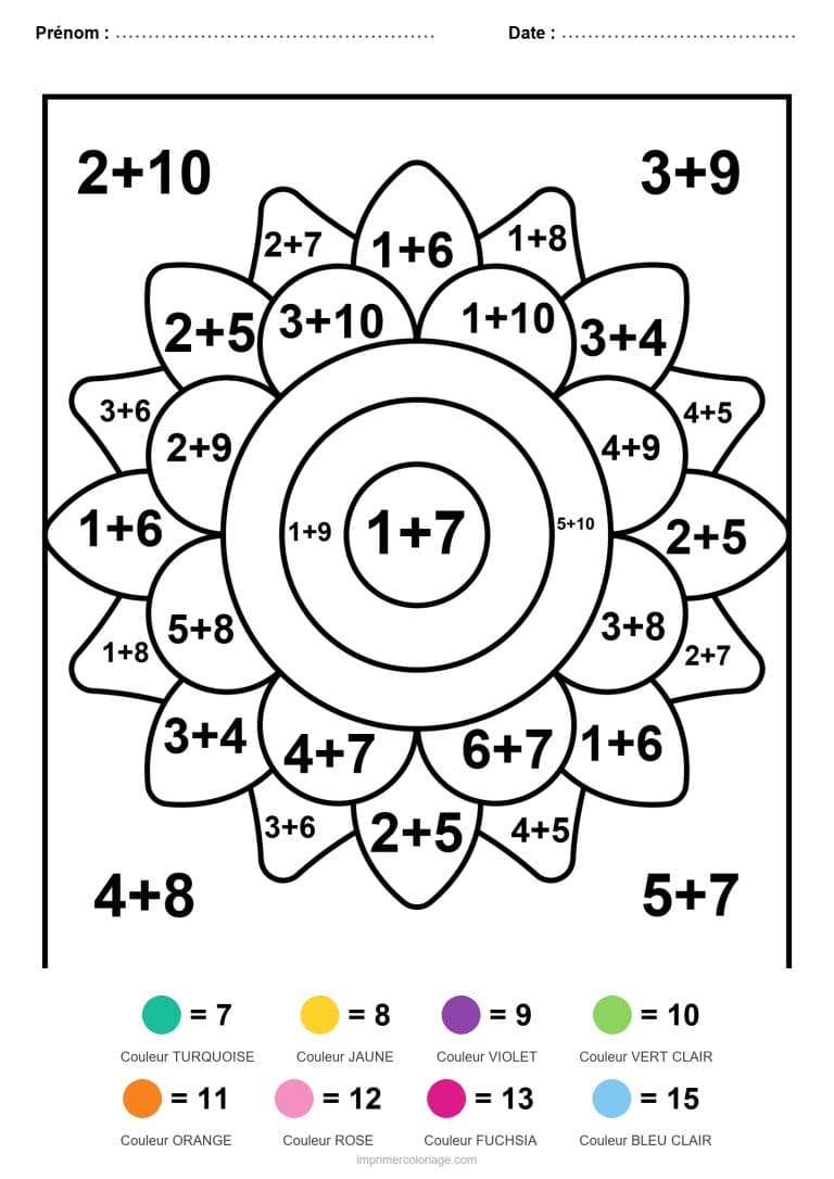coloriage magique ce2 mandala a huit couleurs addition - dessin gratuit &agrave; imprimer