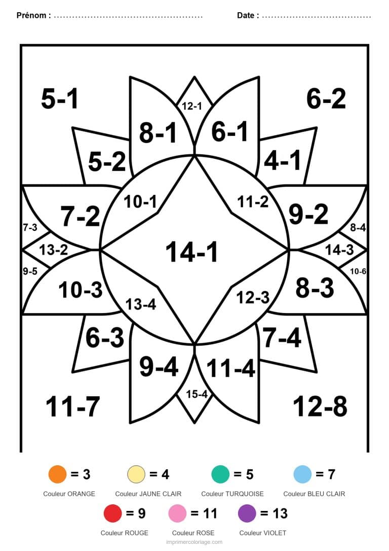 coloriage magique ce2 mandala a pointes soustraction - dessin gratuit &agrave; imprimer
