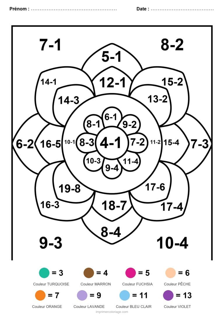 coloriage magique ce2 mandala en etoile soustraction - dessin gratuit &agrave; imprimer