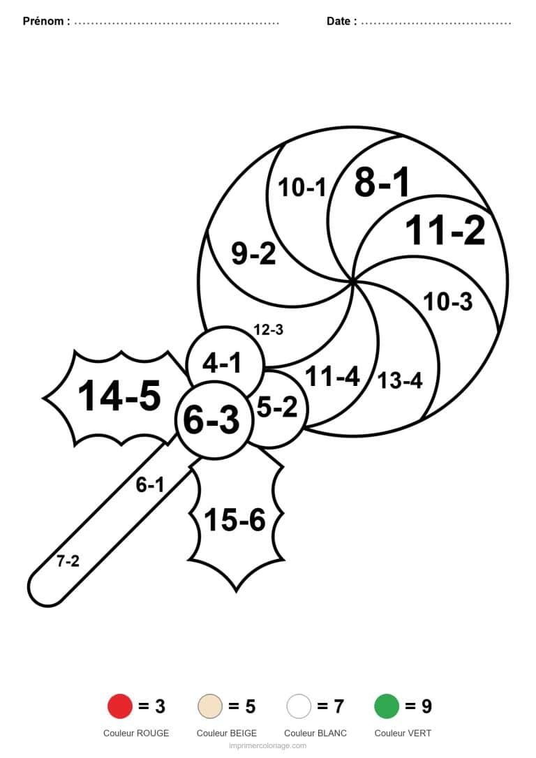 coloriage magique ce2 sucette et houx soustraction - dessin gratuit &agrave; imprimer