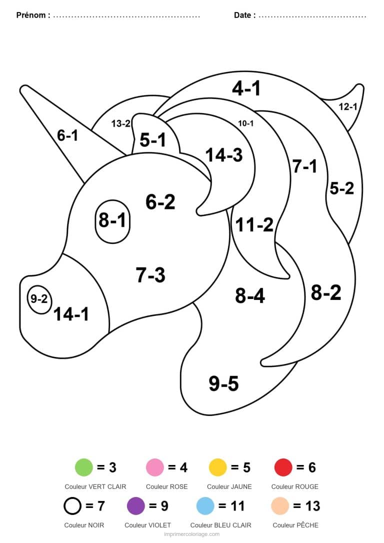 coloriage magique ce2 tete de licorne soustraction - dessin gratuit &agrave; imprimer