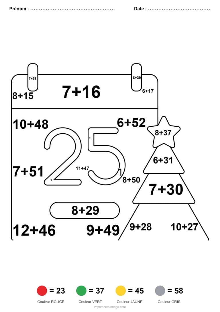 coloriage magique cm1 calendrier du 25 decembre addition - dessin gratuit &agrave; imprimer