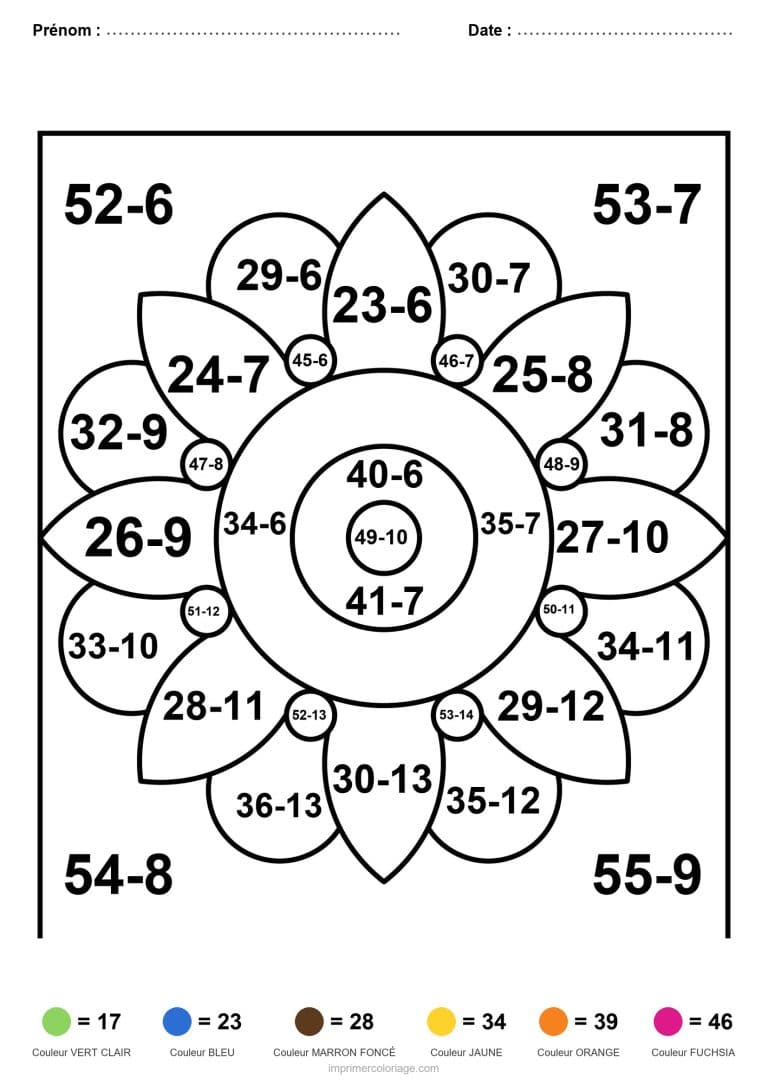 coloriage magique cm1 fleur a coeur soustraction - dessin gratuit &agrave; imprimer