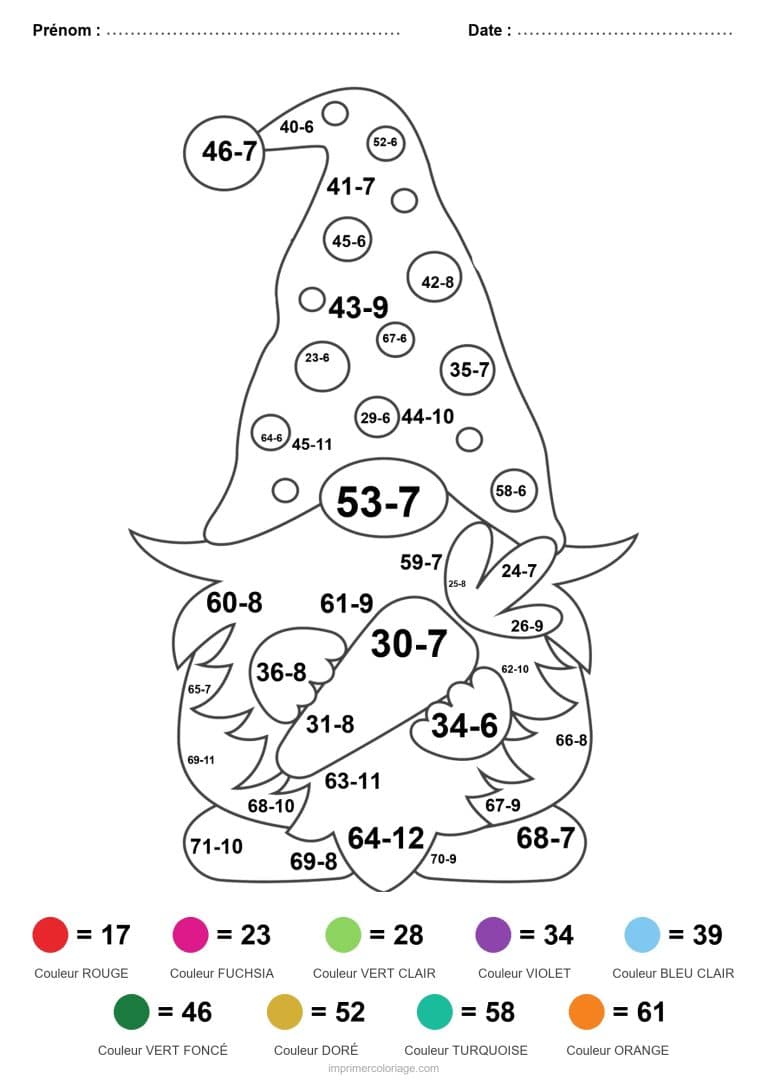 coloriage magique cm1 gnome aux carottes soustraction - dessin gratuit &agrave; imprimer