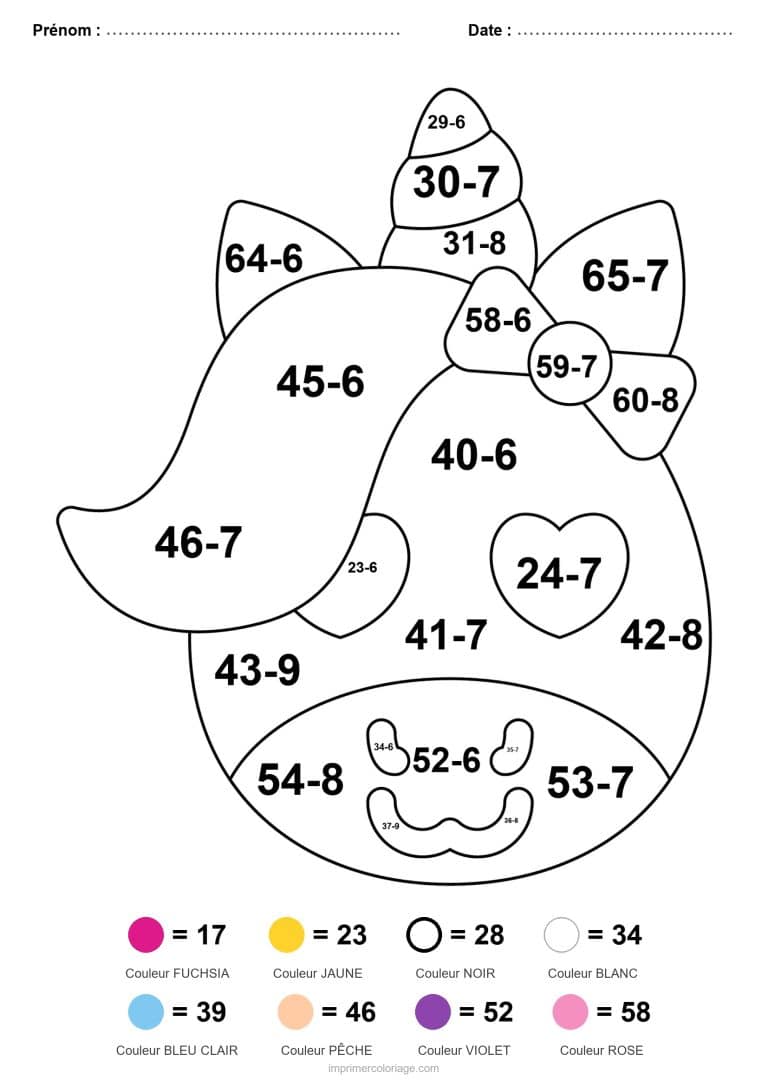 coloriage magique cm1 licorne au noeud soustraction - dessin gratuit &agrave; imprimer
