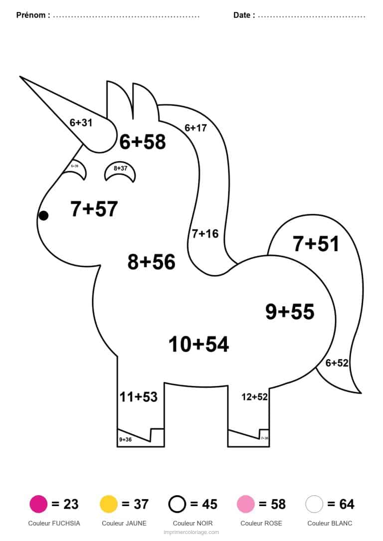 coloriage magique cm1 licorne fachee addition - dessin gratuit &agrave; imprimer