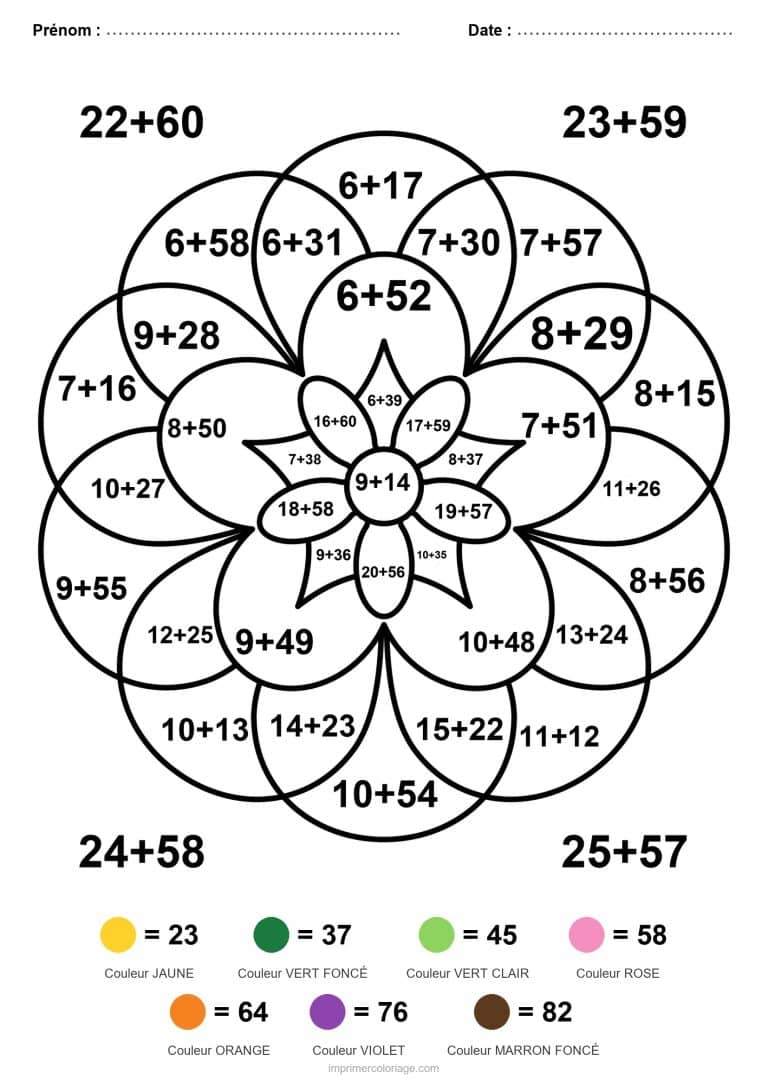 coloriage magique cm1 mandala a corolles addition - dessin gratuit &agrave; imprimer