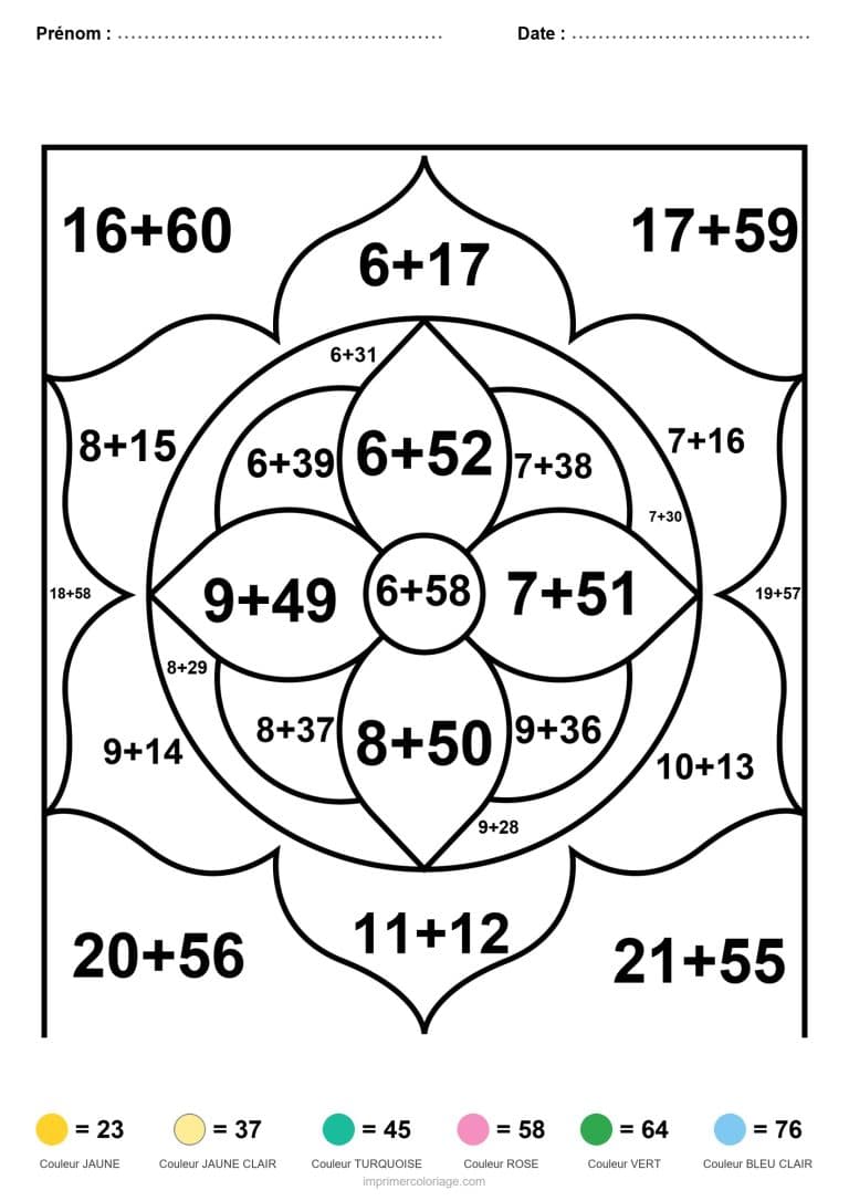 coloriage magique cm1 mandala en corolle addition - dessin gratuit &agrave; imprimer