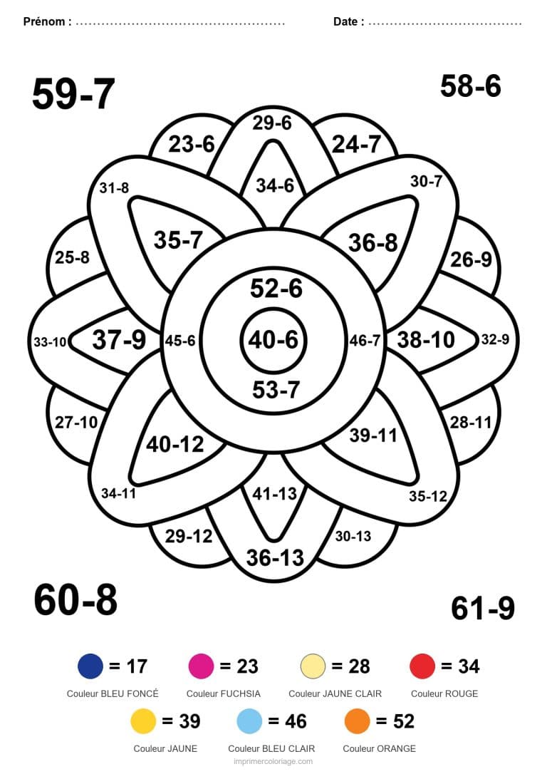 coloriage magique cm1 mandala en couronne soustraction - dessin gratuit &agrave; imprimer
