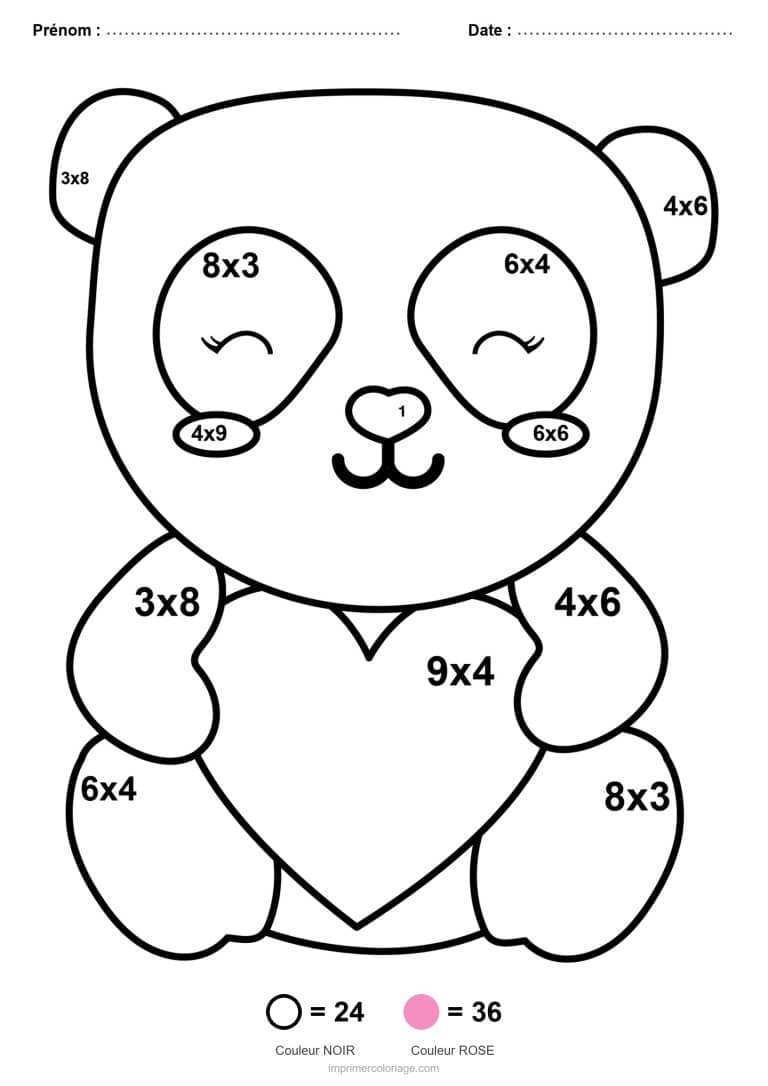 coloriage magique cm1 panda au coeur multiplication - dessin gratuit &agrave; imprimer