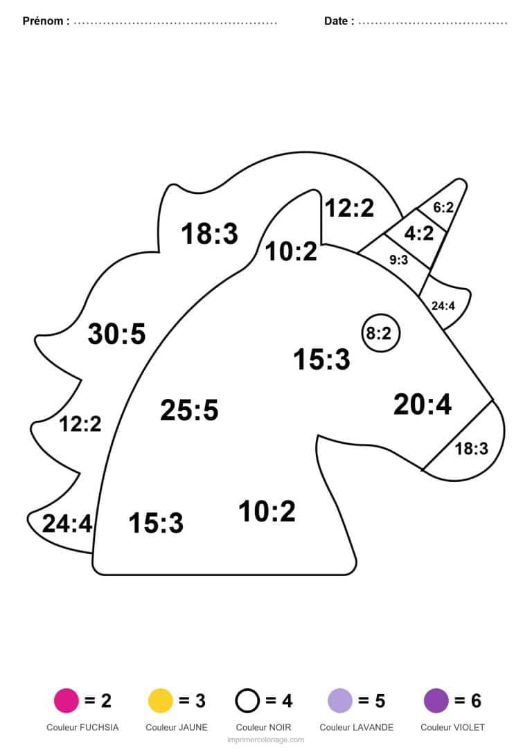 coloriage magique cm1 tete de licorne de cote division - dessin gratuit &agrave; imprimer