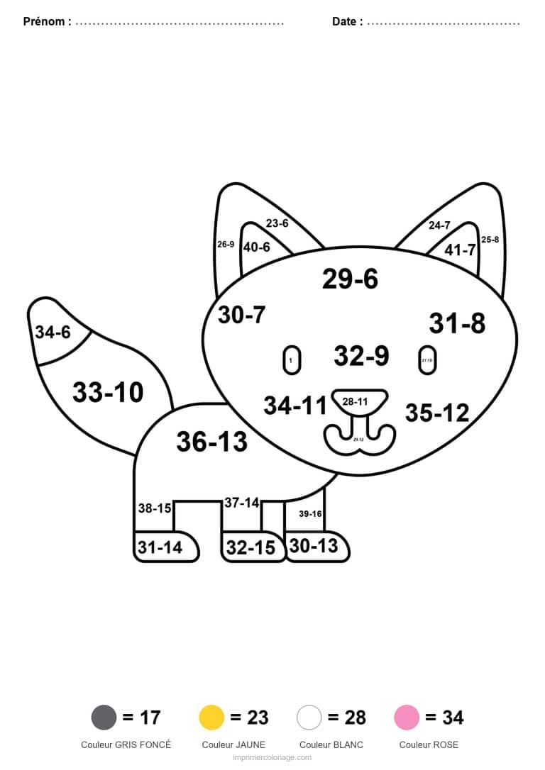 coloriage magique cm2 chat soustraction - dessin gratuit &agrave; imprimer
