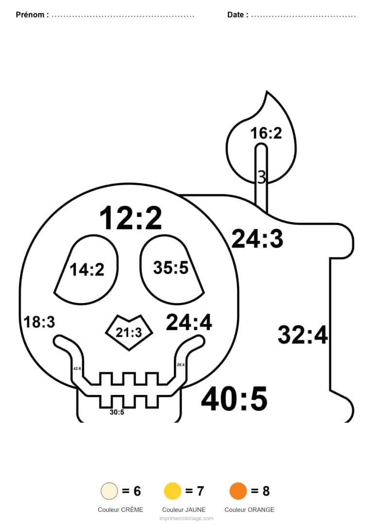 coloriage magique cm2 crane et bougie division - dessin gratuit &agrave; imprimer