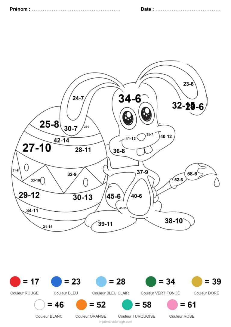 coloriage magique cm2 lapin au pinceau soustraction - dessin gratuit &agrave; imprimer
