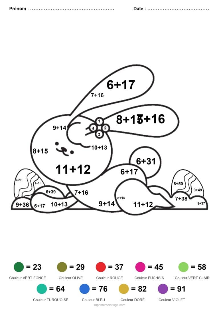 coloriage magique cm2 lapin couche addition - dessin gratuit &agrave; imprimer