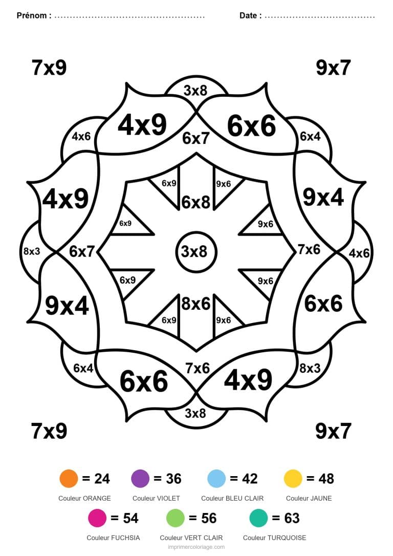 coloriage magique cm2 mandala a couronne multiplication - dessin gratuit &agrave; imprimer
