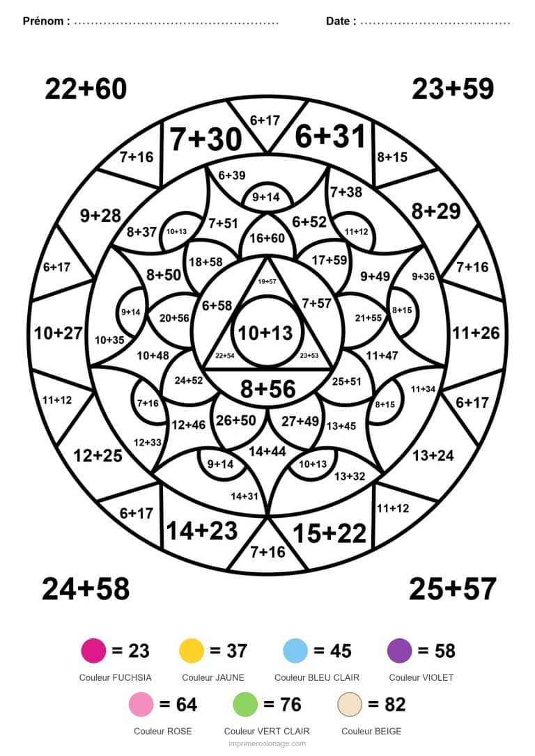 coloriage magique cm2 mandala dense addition - dessin gratuit &agrave; imprimer