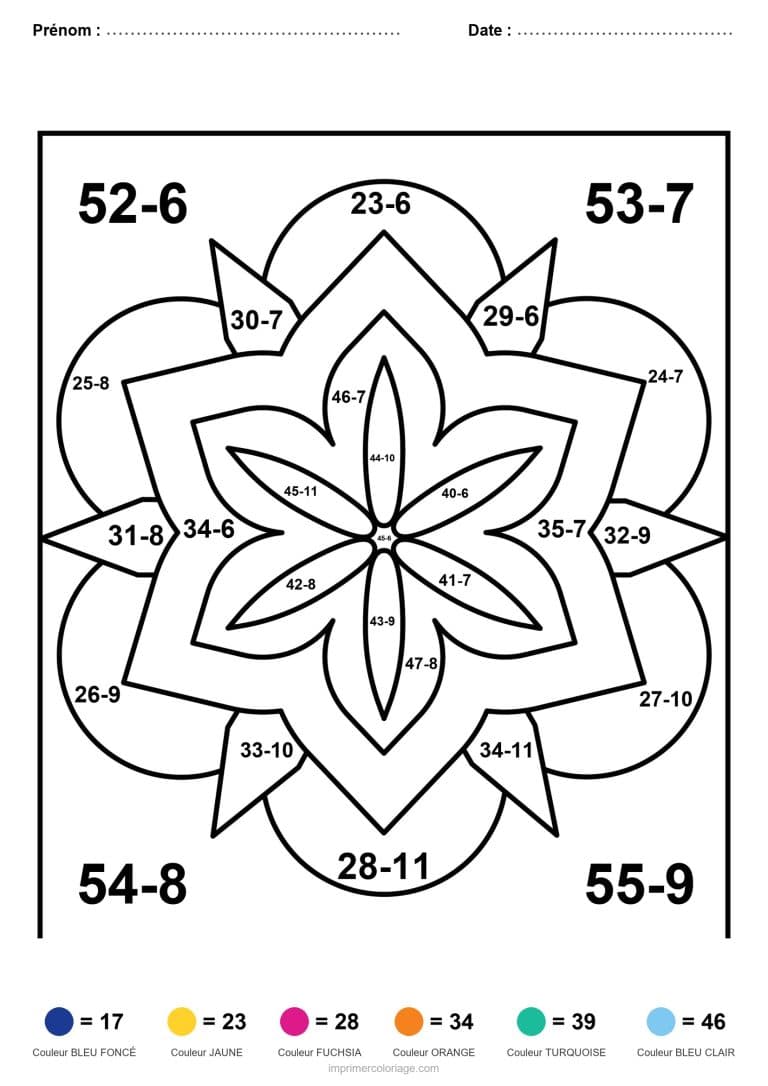 coloriage magique cm2 mandala en fleur soustraction - dessin gratuit &agrave; imprimer