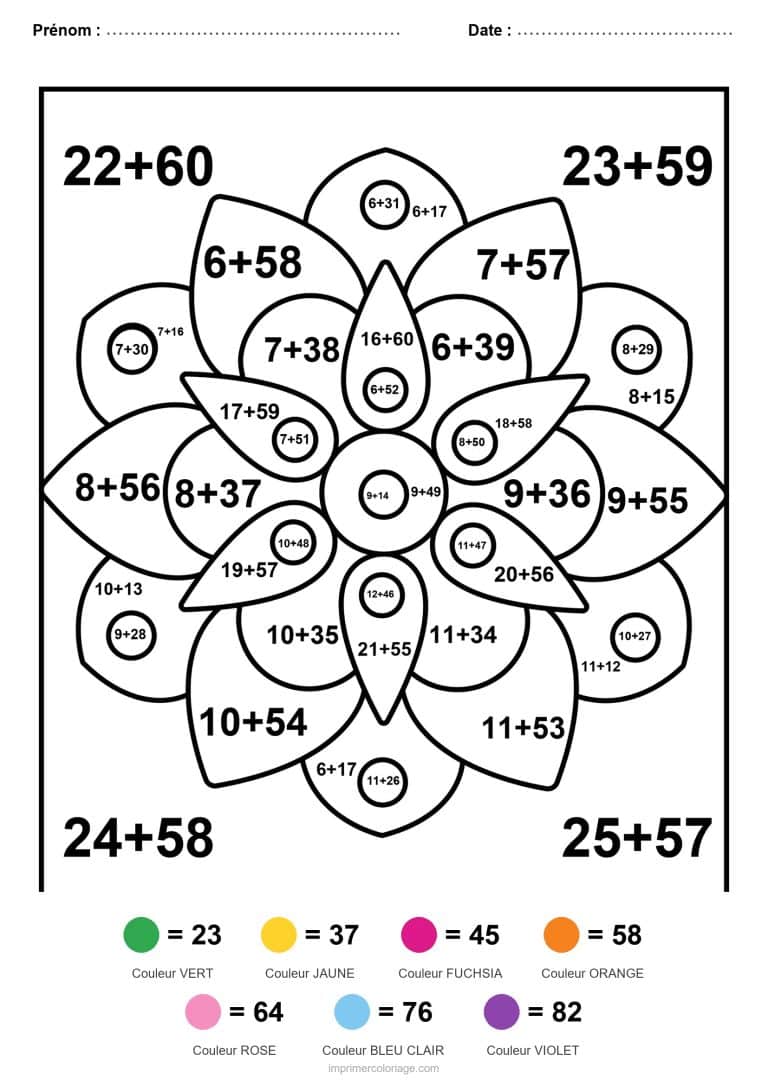 coloriage magique cm2 mandala fleur addition - dessin gratuit &agrave; imprimer