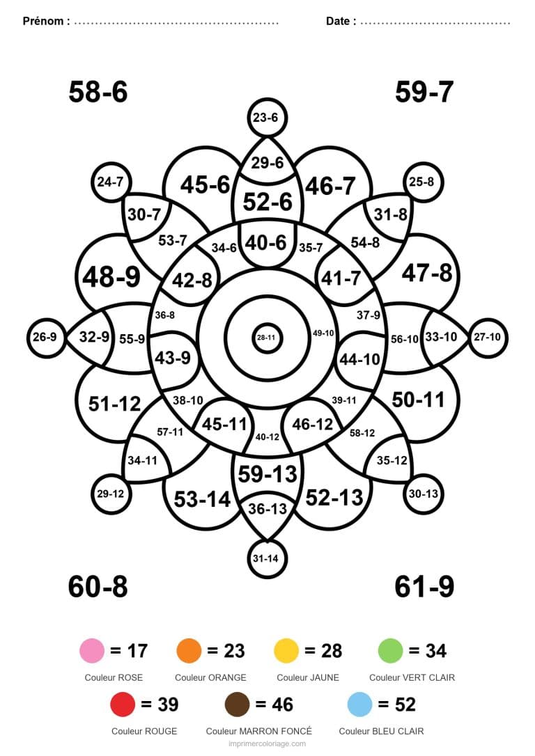 coloriage magique cm2 mandala perle soustraction - dessin gratuit &agrave; imprimer