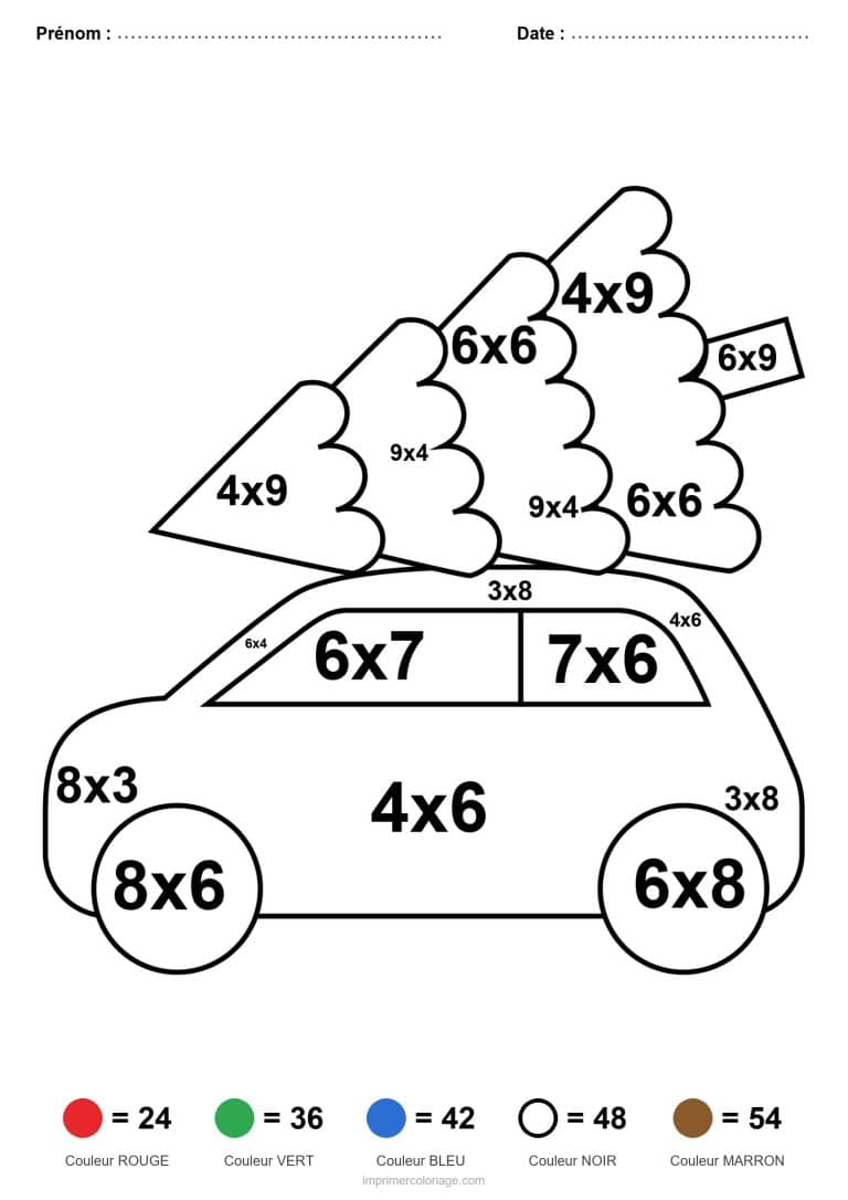 coloriage magique cm2 voiture et sapin multiplication - dessin gratuit &agrave; imprimer