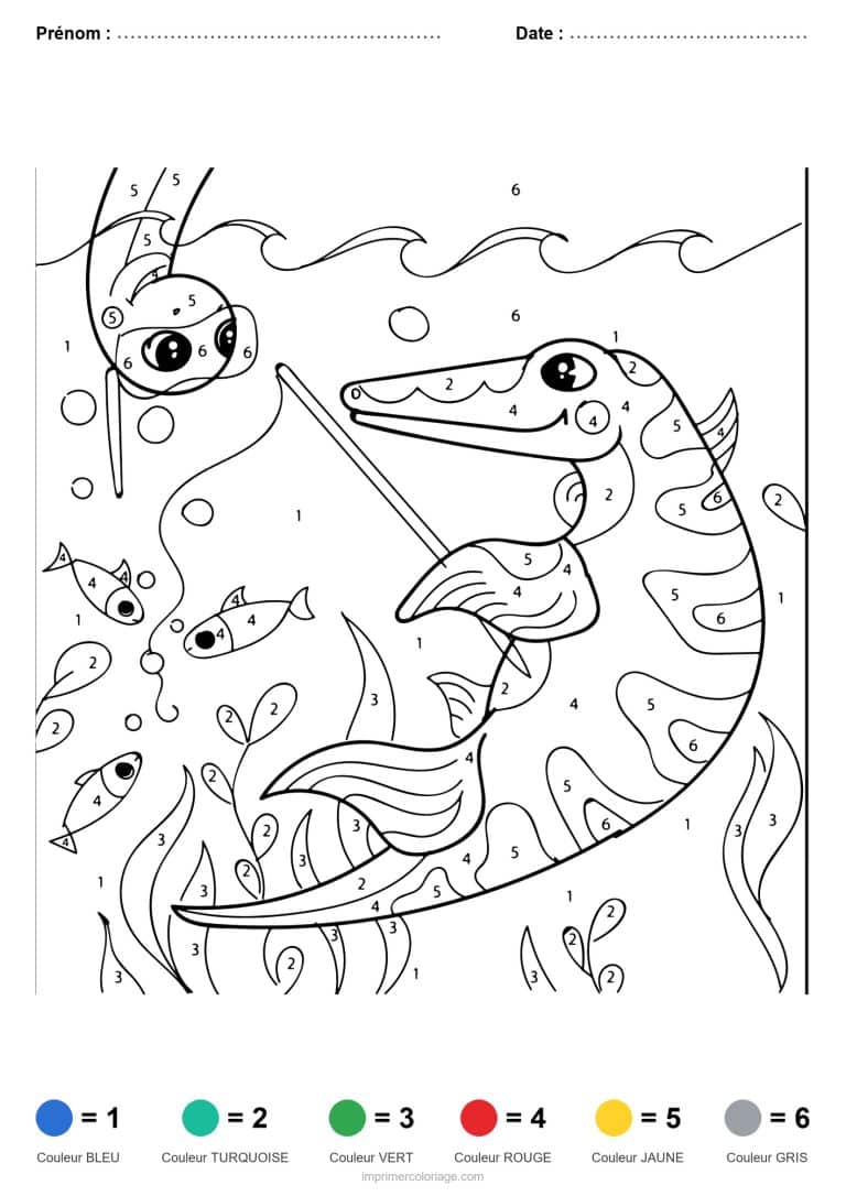 coloriage magique dinosaure dinosaure a la peche, dessin gratuit &agrave; imprimer