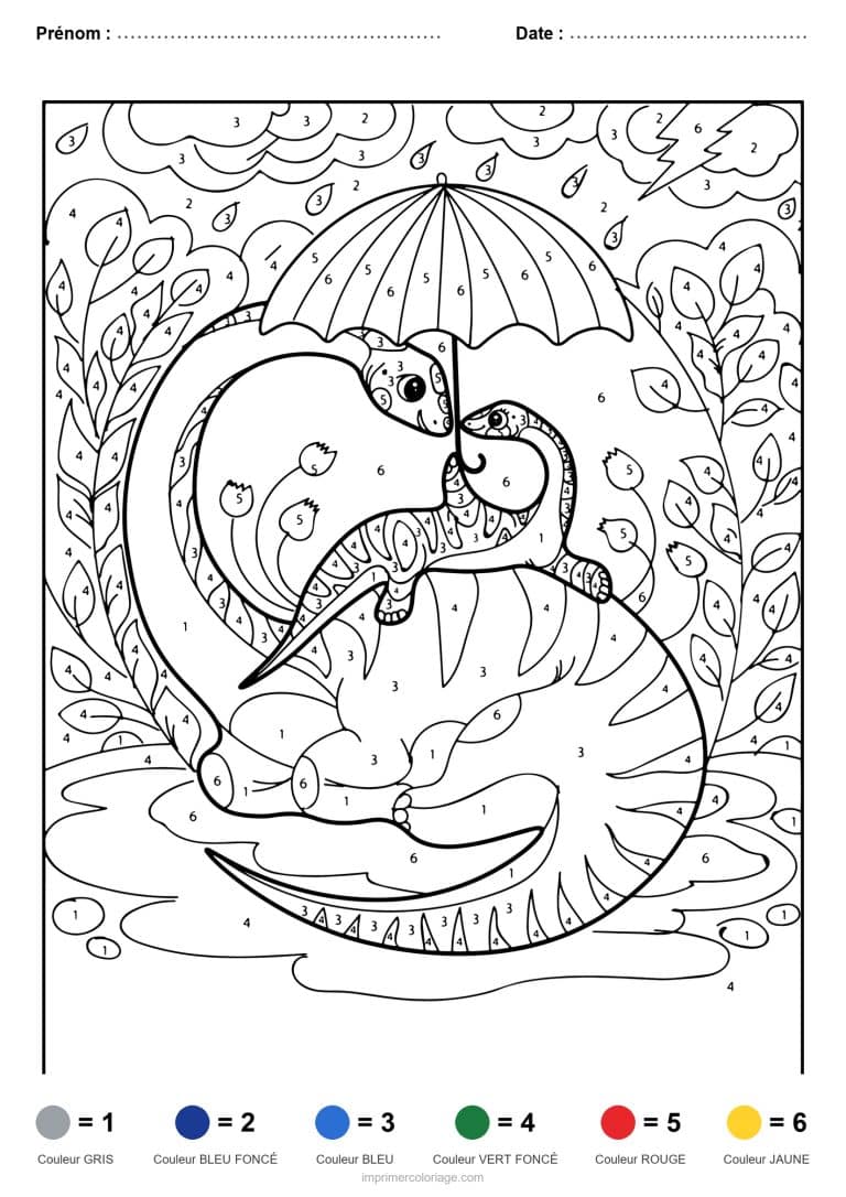coloriage magique dinosaure dinosaure au parapluie, dessin gratuit &agrave; imprimer