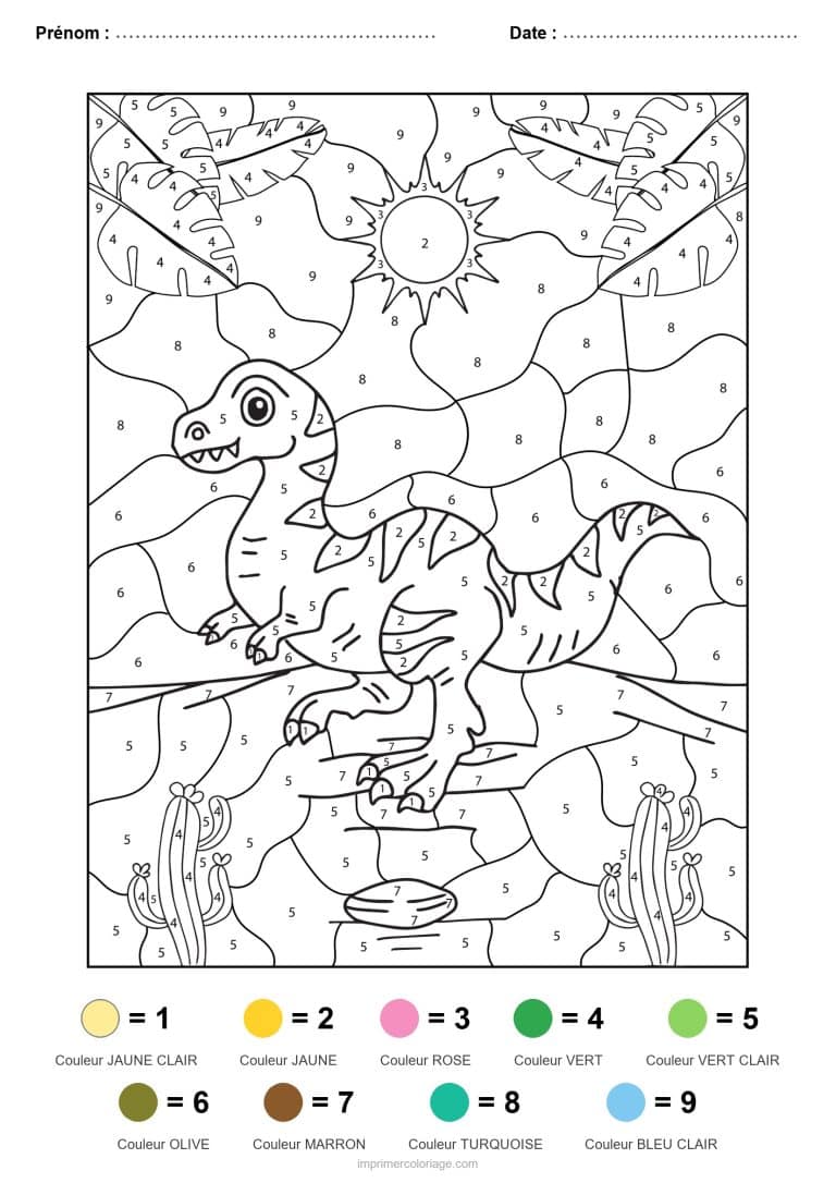 coloriage magique dinosaure dinosaure au soleil, dessin gratuit &agrave; imprimer