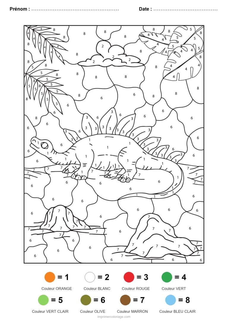 coloriage magique dinosaure dinosaure dans la jungle, dessin gratuit &agrave; imprimer