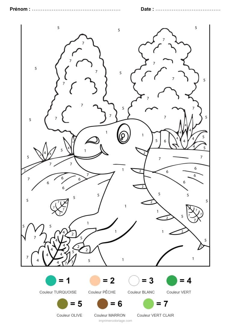 coloriage magique dinosaure dinosaure dans les buissons, dessin gratuit &agrave; imprimer