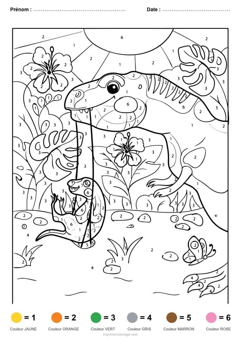 coloriage magique dinosaure dinosaure et champignons, dessin gratuit &agrave; imprimer