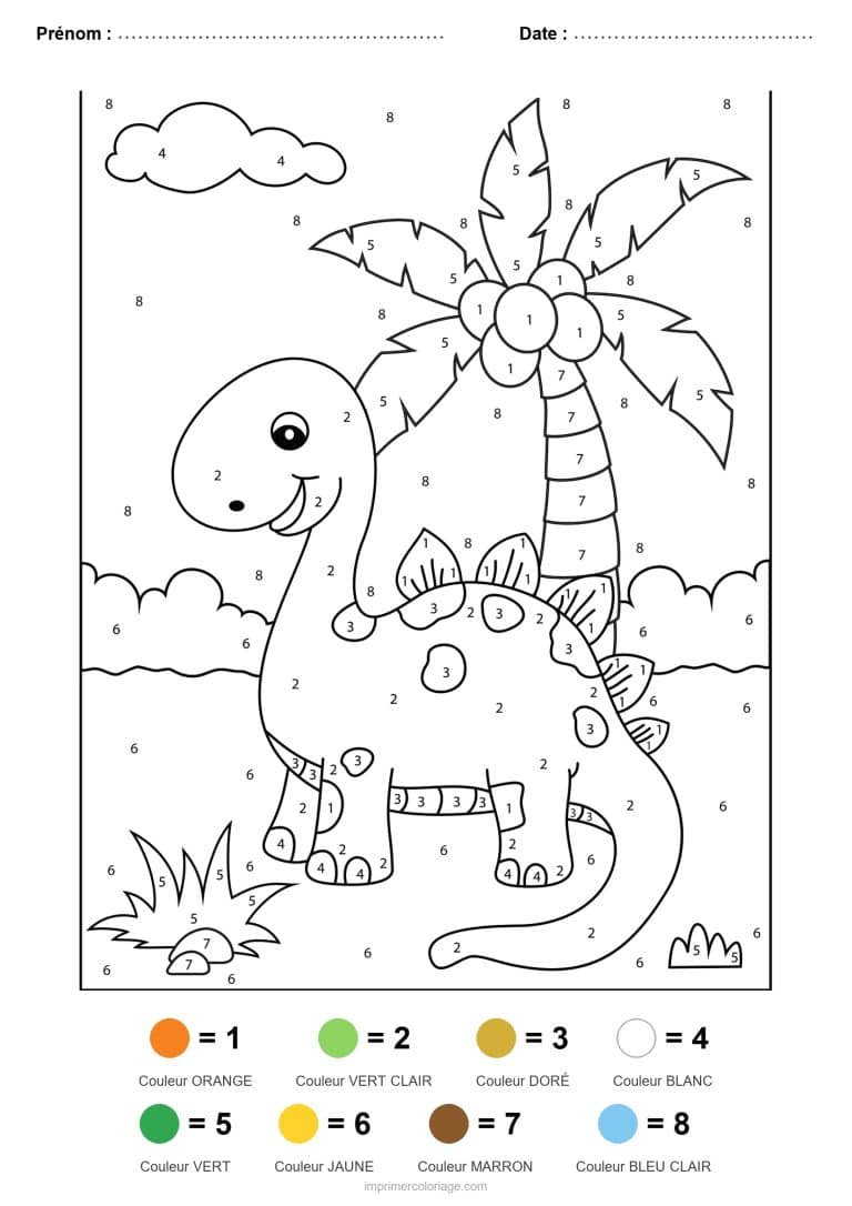 coloriage magique dinosaure dinosaure et cocotier, dessin gratuit &agrave; imprimer