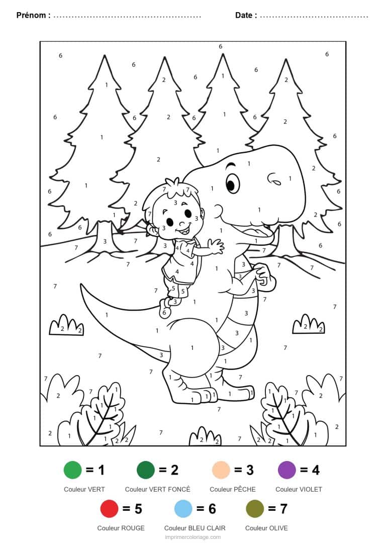 coloriage magique dinosaure dinosaure et enfant, dessin gratuit &agrave; imprimer