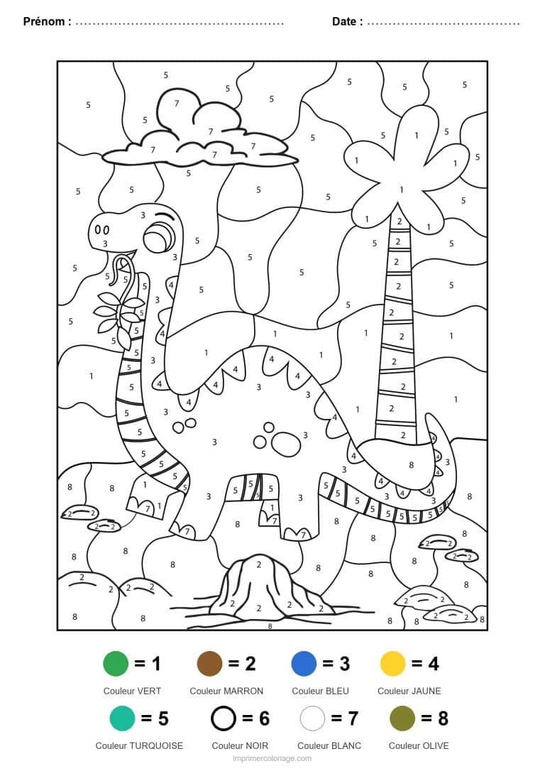 coloriage magique dinosaure dinosaure et palmier, dessin gratuit &agrave; imprimer