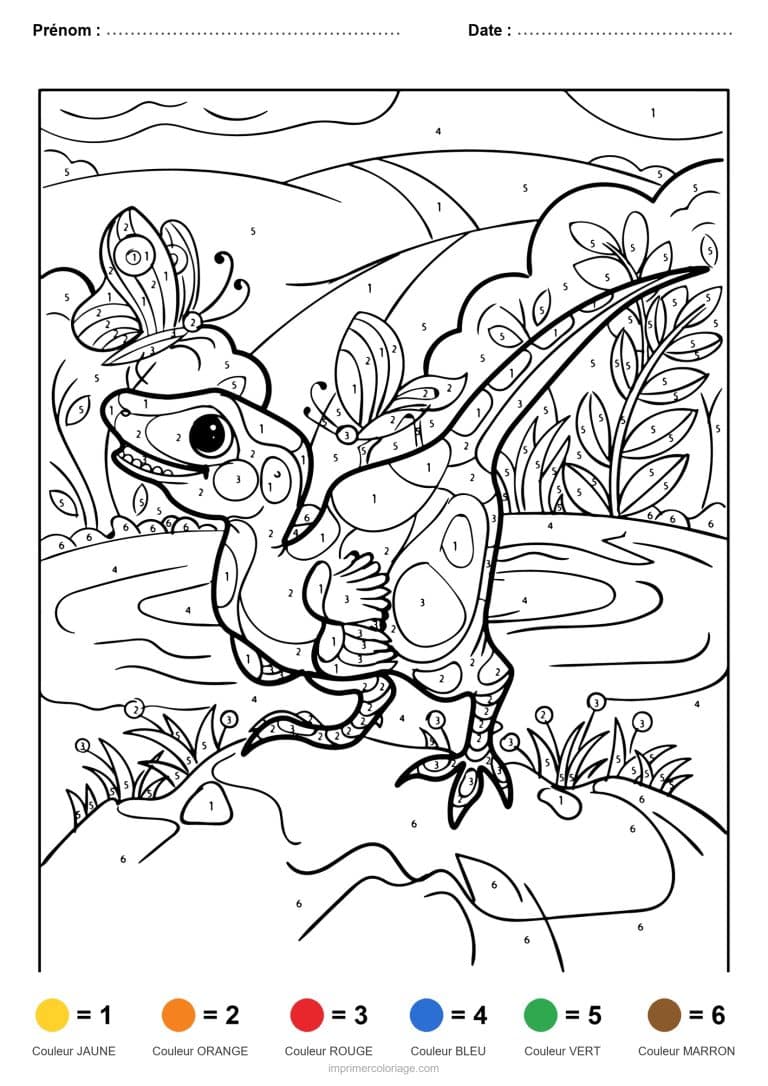 coloriage magique dinosaure dinosaure et papillon, dessin gratuit &agrave; imprimer