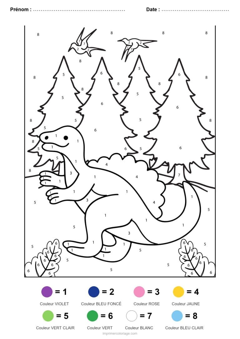 coloriage magique dinosaure dinosaure et sapins, dessin gratuit &agrave; imprimer