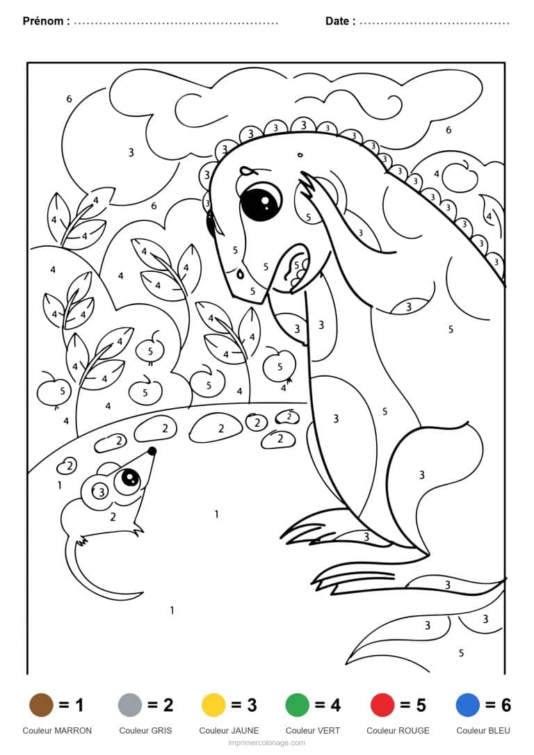 coloriage magique dinosaure dinosaure et souris, dessin gratuit &agrave; imprimer