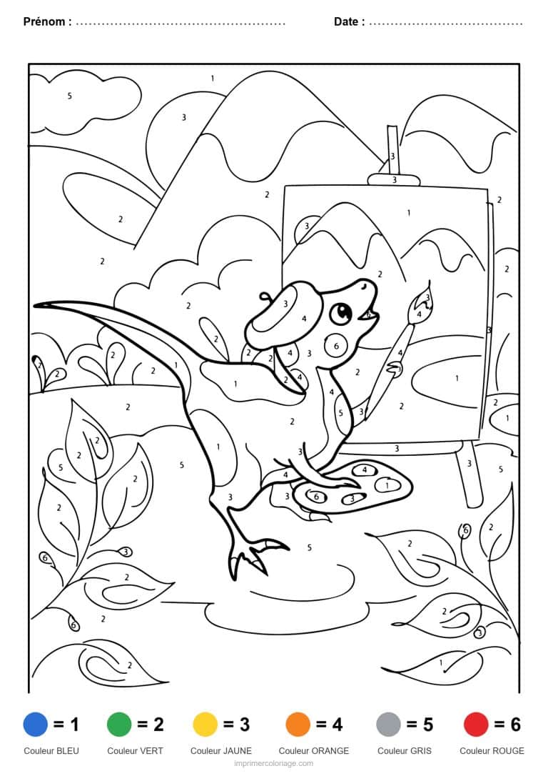 coloriage magique dinosaure dinosaure peintre, dessin gratuit &agrave; imprimer