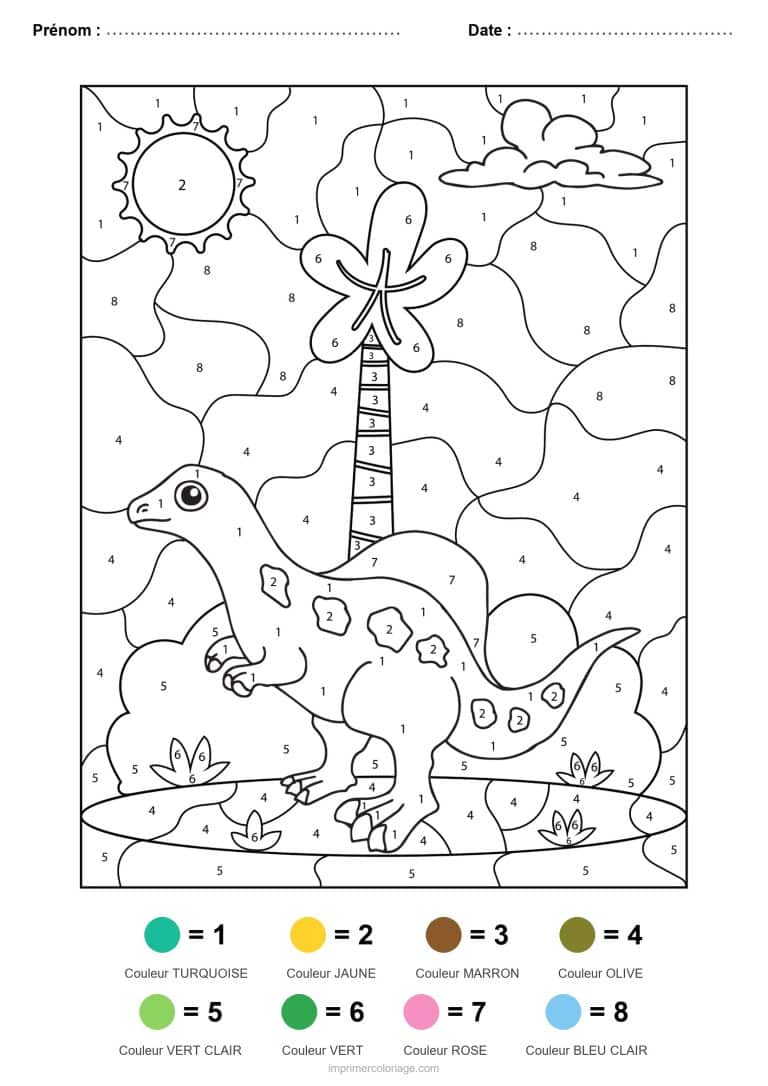 coloriage magique dinosaure dinosaure sous le palmier, dessin gratuit &agrave; imprimer