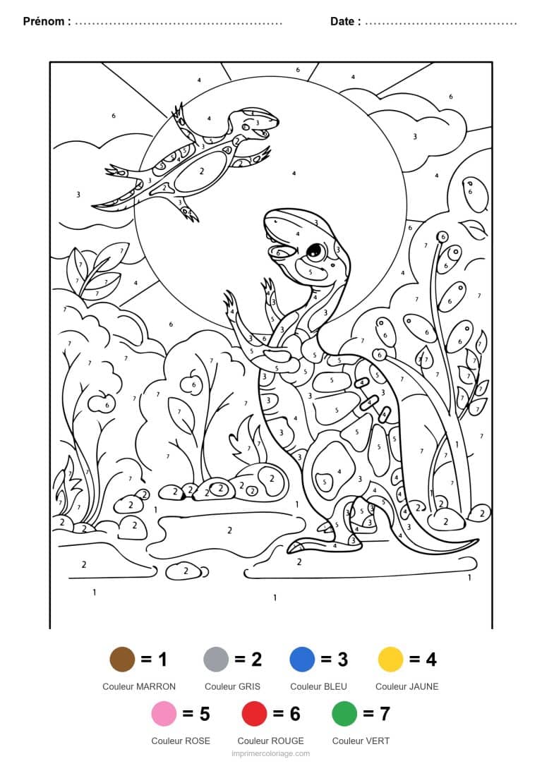 coloriage magique dinosaure dinosaures au coucher de soleil, dessin gratuit &agrave; imprimer