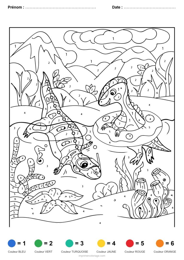 coloriage magique dinosaure dinosaures au lac, dessin gratuit &agrave; imprimer