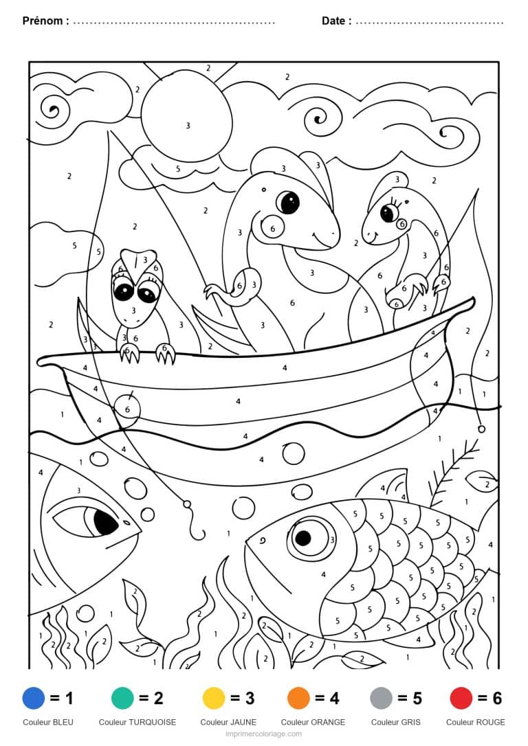 coloriage magique dinosaure dinosaures en barque, dessin gratuit &agrave; imprimer