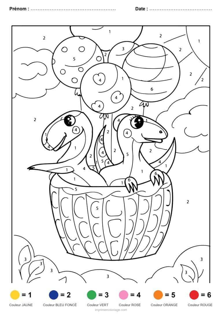 coloriage magique dinosaure dinosaures et ballons, dessin gratuit &agrave; imprimer